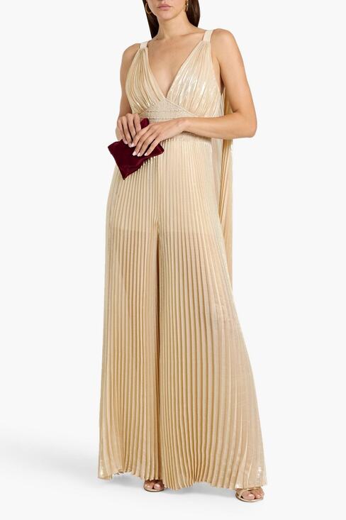Alice + Olivia Pants - Alice + Olivia Rosalie Wide leg silk blend pleated gold jumpsuit size 0